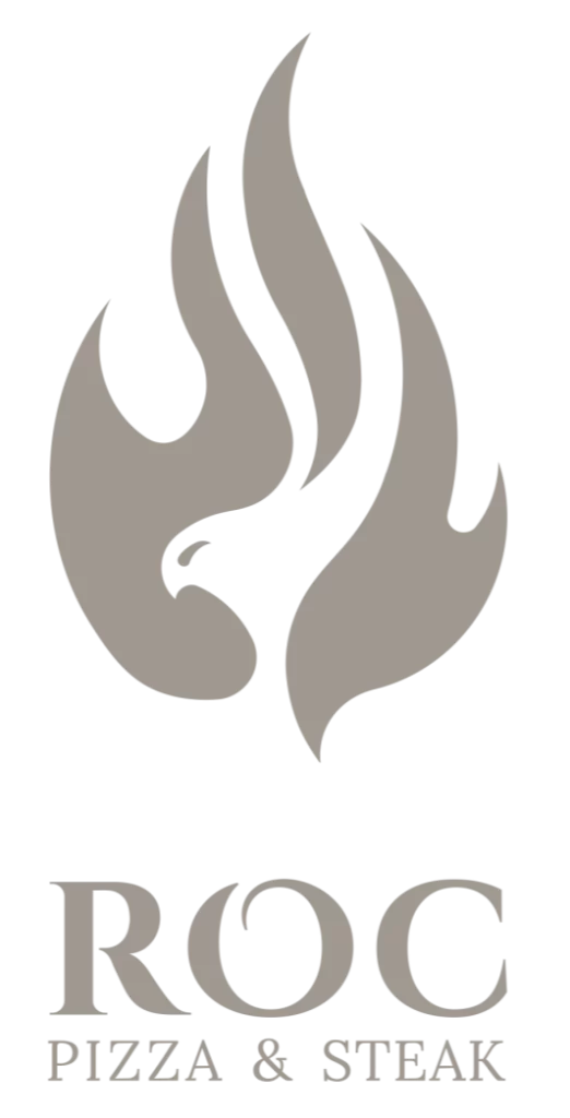 Logo grigio con fiamme e testo "ROC Pizza & Steak".