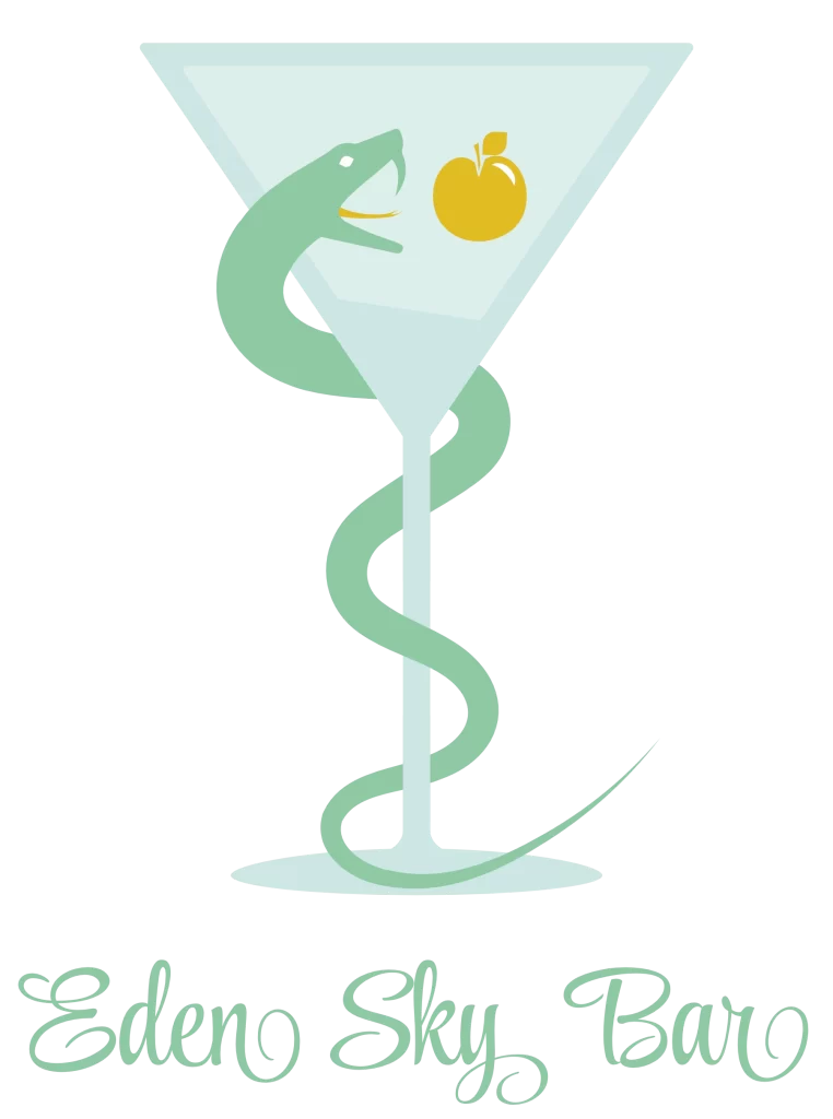 Logo di Eden Sky Bar con un serpente avvolto intorno a un bicchiere da cocktail contenente una mela dorata.