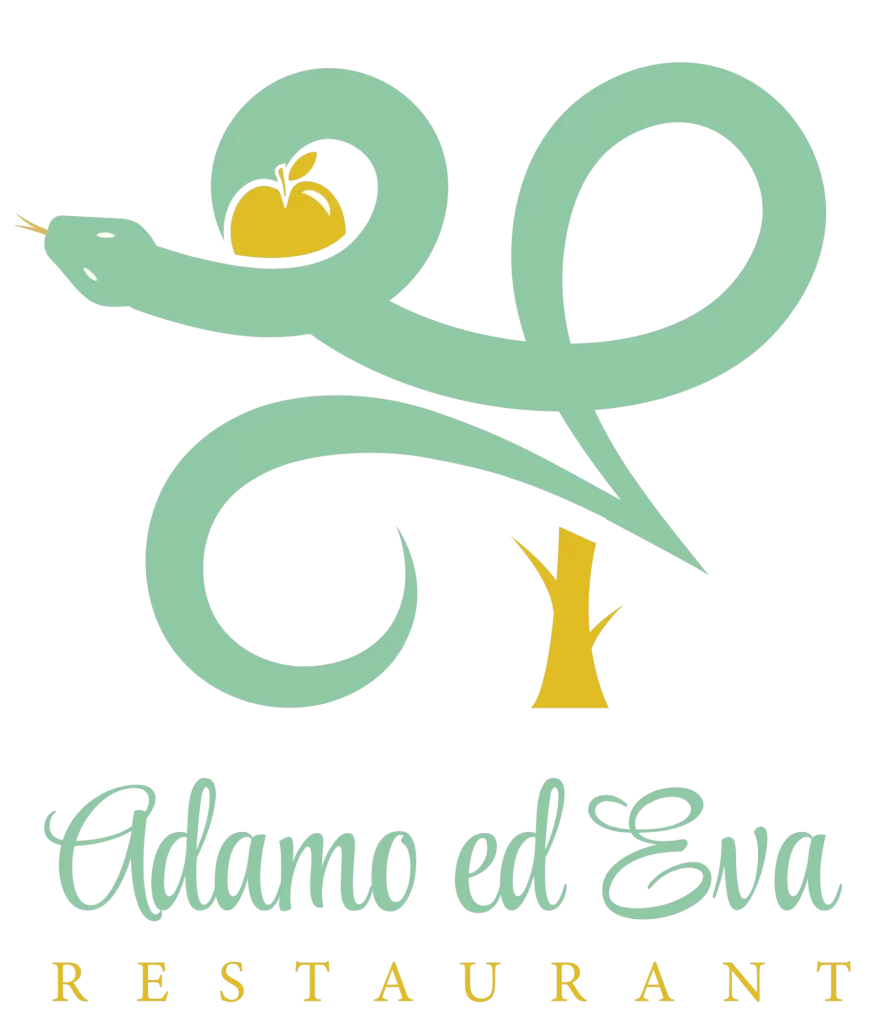 Logo del "Ristorante Adamo ed Eva" con un serpente, una mela e un albero stilizzati.