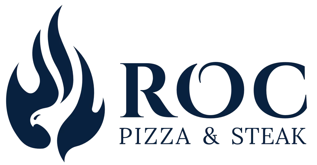 Logo di ROC Pizza & Steak con un design stilizzato di fiamma.